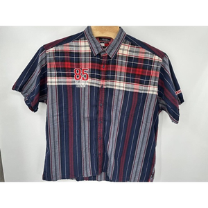 Vtg Tommy Jeans Spell out 85 Hilfiger Denim Plaid Button Up Red White & Blue 2XL